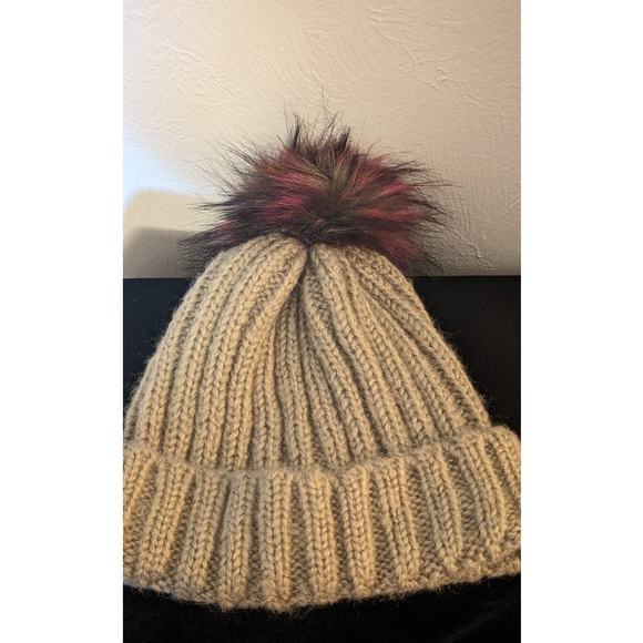 Beige Colorful Pom Pom Cable Stitch Knit Beanie Hat - Picture 1 of 6